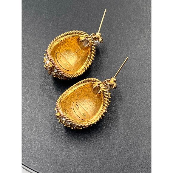 Oscar de la renta Signed Crystal Dome Pearl Drop Repurposed Earrings Repaired - Picture 4 of 8